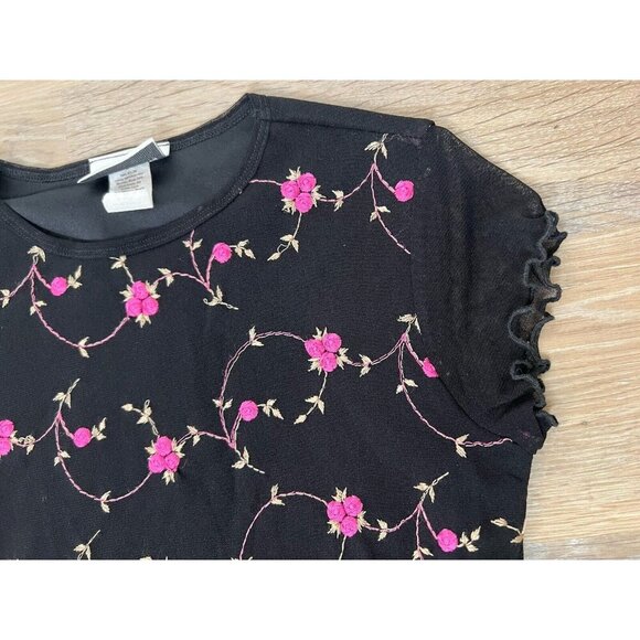 Vtg Y2k Top Small Black Pink Mesh Lettuce Hem Floral Embroidered Fairy Made USA - Picture 2 of 9